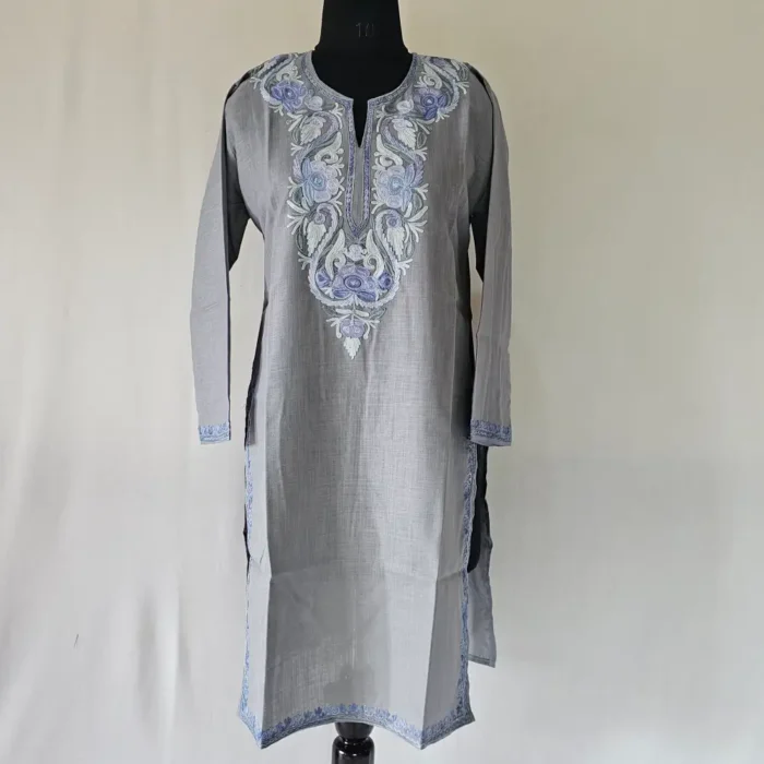 Kashmiri Gulzaar Dark Grey Long Cotton Aari Work Kurti - Image 2