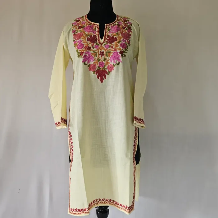 Long Yellow Cotton Aari Embroidered Kurti – Kashmiri Meherbaan - Image 2