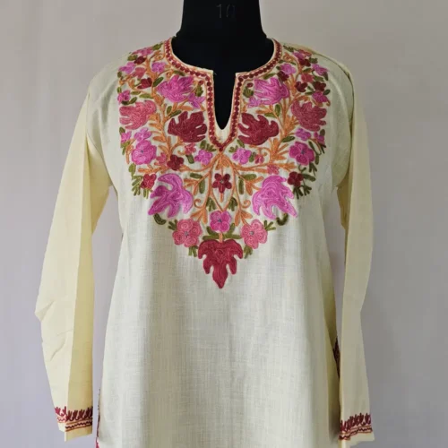 cream Aari Work Kurti in Ruby Cotton