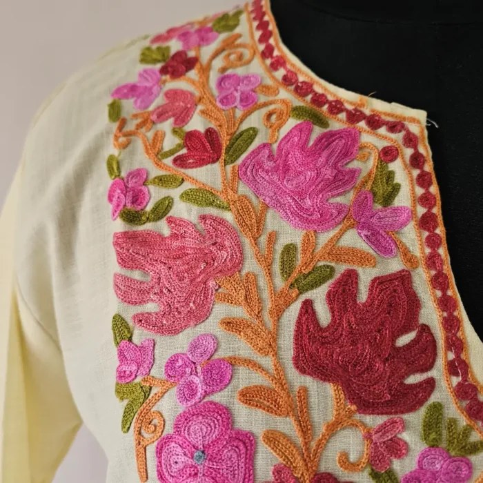 Long Yellow Cotton Aari Embroidered Kurti – Kashmiri Meherbaan - Image 3