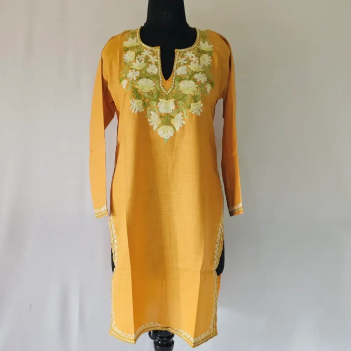 Keshir Zoon Long Mustard Cotton Kurti with Aari Embroidery - Image 2