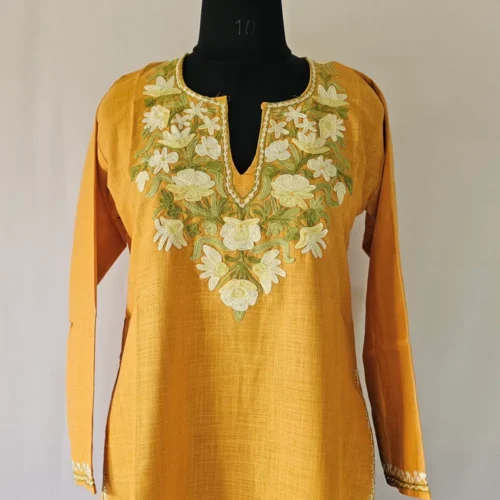 Mustard Aari Work Kurti in Ruby Cotton