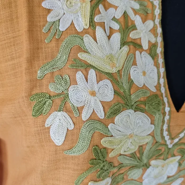 Keshir Zoon Long Mustard Cotton Kurti with Aari Embroidery - Image 3
