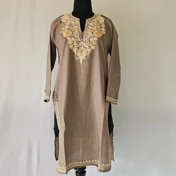 Kashmiri Long Zeenat Beige Aari Work Kurti in Cotton - Image 2