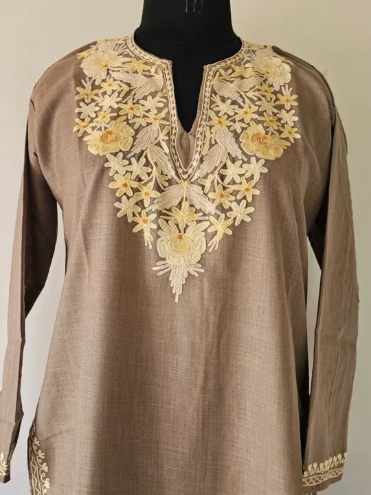 Beige Kashmiri Aari Work Kurti in Ruby Cotton
