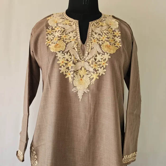 Beige Kashmiri Aari Work Kurti in Ruby Cotton