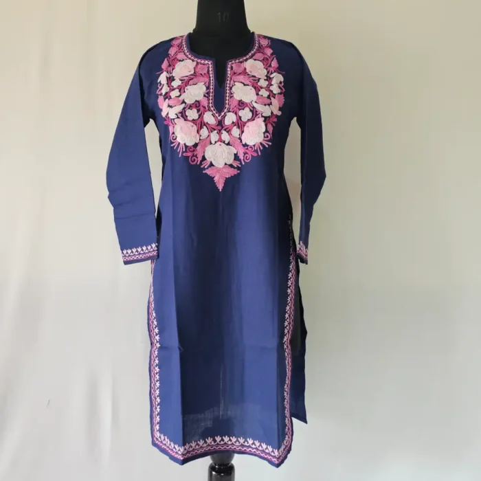 Long Cotton Kashmiri Aari Work Dark Blue Naazneen Kurti - Image 2