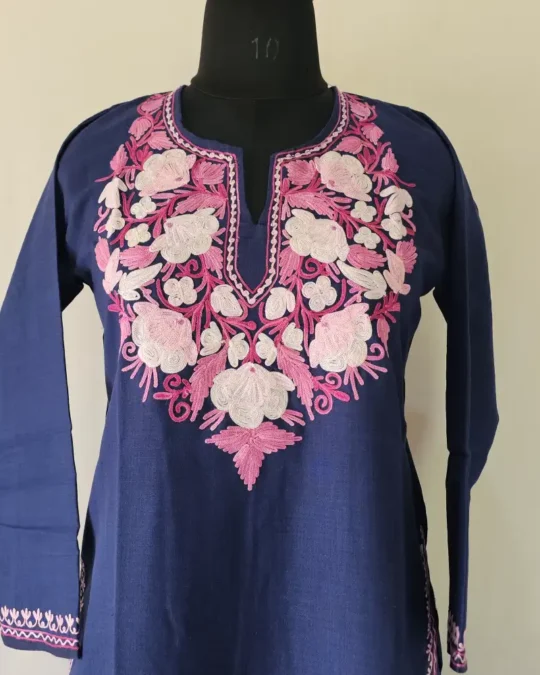 Dark Blue Kashmiri Aari Work Kurti in Ruby