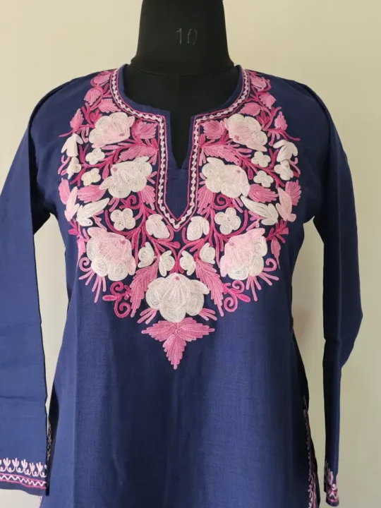 Dark Blue Kashmiri Aari Work Kurti in Ruby