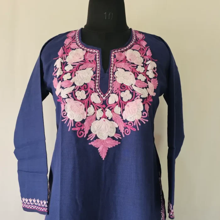 Dark Blue Kashmiri Aari Work Kurti in Ruby