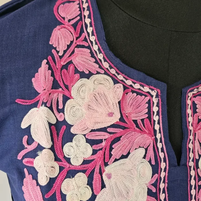 Long Cotton Kashmiri Aari Work Dark Blue Naazneen Kurti - Image 3