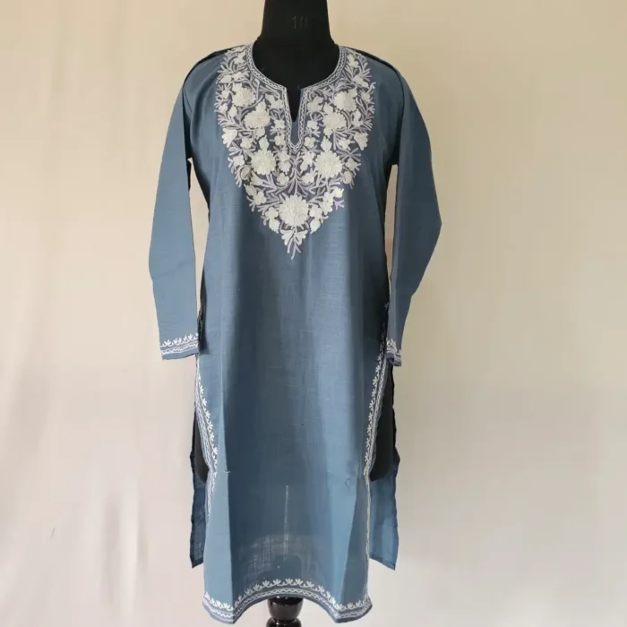 Teal Blue Kashmiri Inaya Aari Embroidered Long Cotton Kurti - Image 2