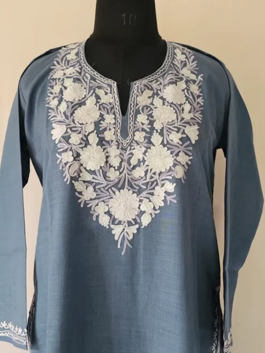 Teal Blue Kashmiri Aari Work Kurti in Ruby Cotton