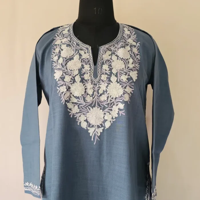 Teal Blue Kashmiri Aari Work Kurti in Ruby Cotton