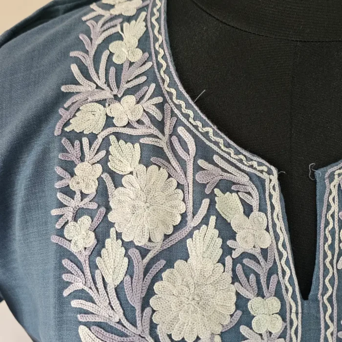 Teal Blue Kashmiri Inaya Aari Embroidered Long Cotton Kurti - Image 3