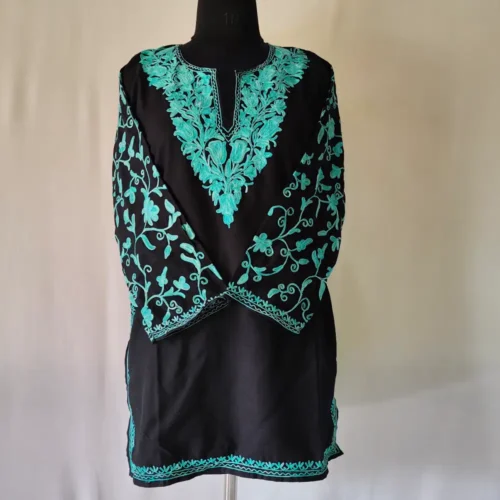 Srinagar made Black Cotton Short Kurti Mahjabeen with Sleeves Aari Work