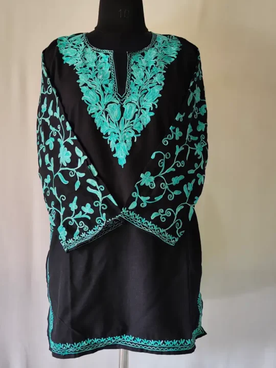 Kashmir made Black Cotton Short Kurti Mahjabeen with Sleeves Aari Work