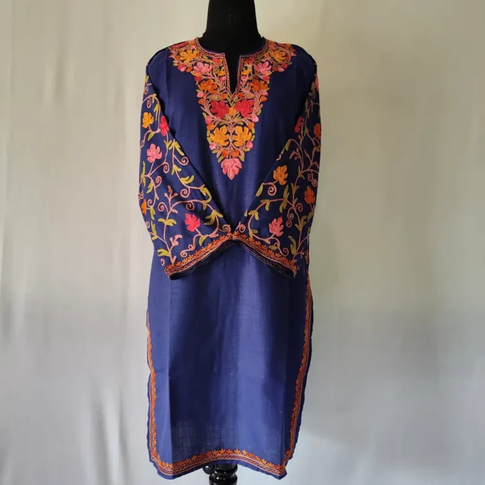Asma Kashmiri Cotton Dark Blue Kurti Aari Embroidered Sleeves - Image 2