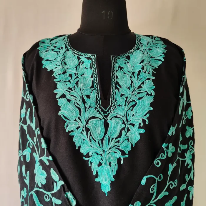Kashmir made Black Cotton Short Kurti Mahjabeen with Sleeves Aari Work - Image 2