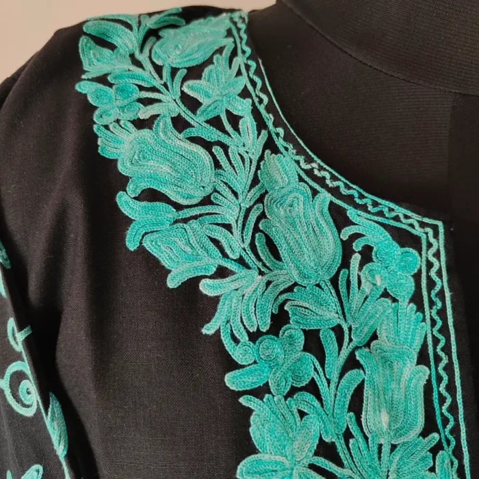 Kashmir made Black Cotton Short Kurti Mahjabeen with Sleeves Aari Work - Image 3