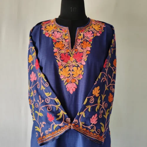 Asma Kashmiri Cotton Dark Blue Kurti Aari Embroidered Sleeves