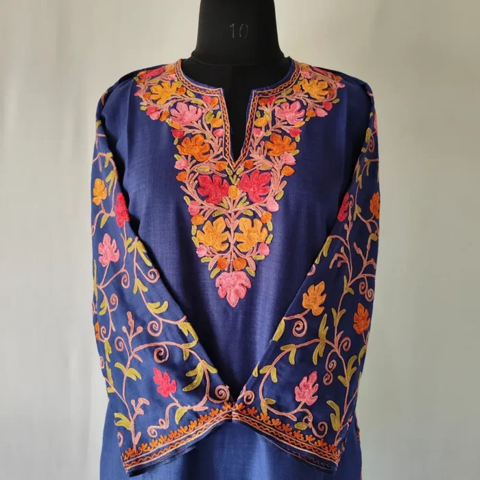 Asma Kashmiri Cotton Dark Blue Kurti Aari Embroidered Sleeves