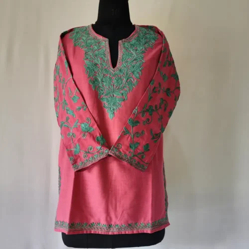 Pink Kashmiri Cotton Short Kurti Noori Jahan with Sleeves in Aari Work