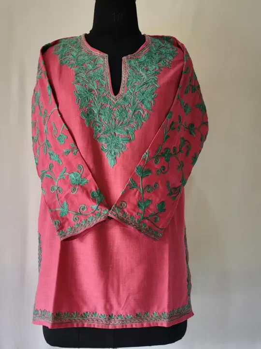 Pink Kashmiri Cotton Short Kurti Noori Jahan with Sleeves in Aari Work