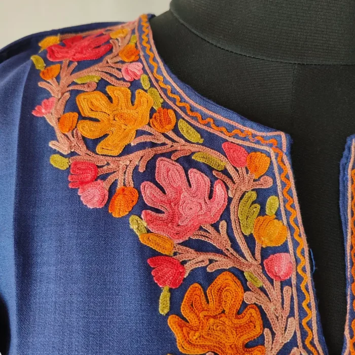 Asma Kashmiri Cotton Dark Blue Kurti Aari Embroidered Sleeves - Image 3