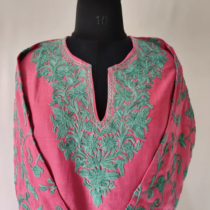 Pink Kashmiri Cotton Short Kurti Noori Jahan with Sleeves in Aari Work - Image 2