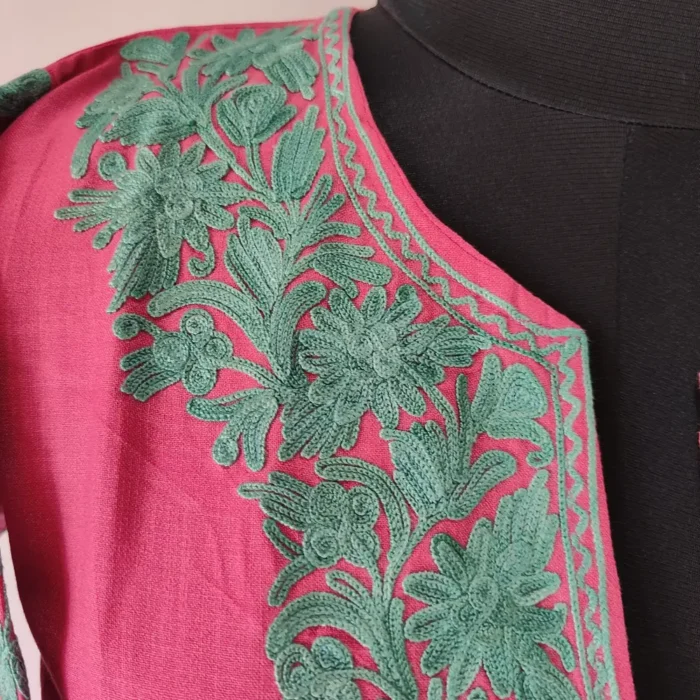 Pink Kashmiri Cotton Short Kurti Noori Jahan with Sleeves in Aari Work - Image 3