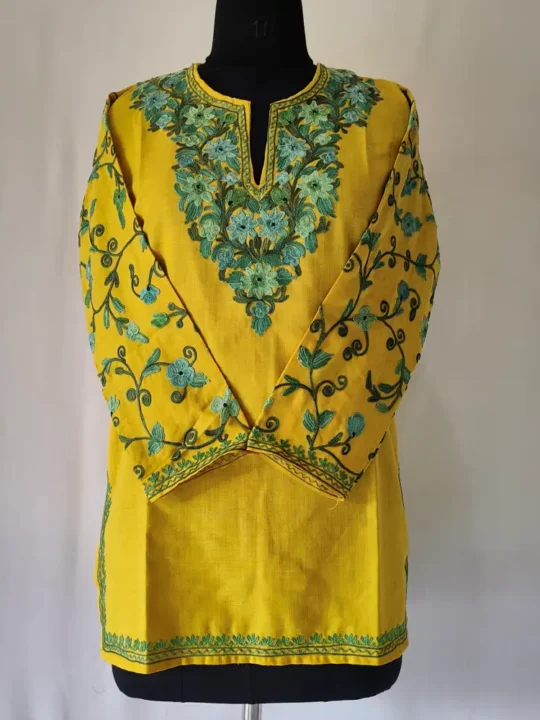 Razia's Kashmiri Aari Cotton Mustard Short Kurti with Sleeve Work