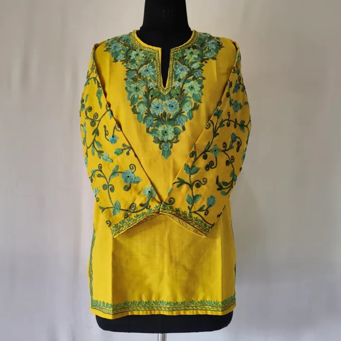 Razia's Kashmiri Aari Cotton Mustard Short Kurti with Sleeve Work