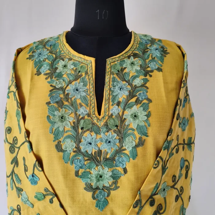 Razia's Kashmiri Aari Cotton Mustard Short Kurti with Sleeve Work - Image 2