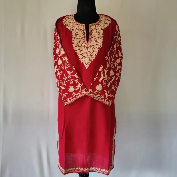 Hiba Koshur Maroon Cotton Kurti Fancy Aari Sleeves Embroidery - Image 2