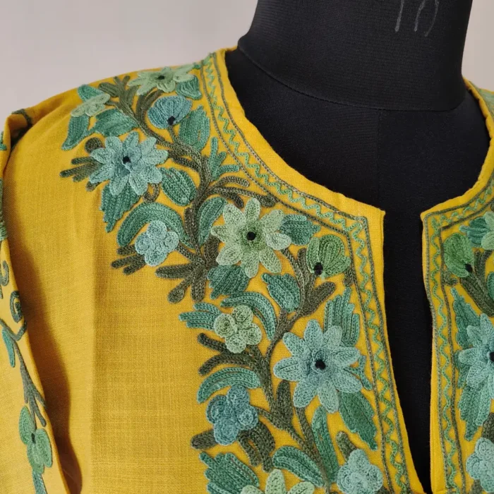 Razia's Kashmiri Aari Cotton Mustard Short Kurti with Sleeve Work - Image 3