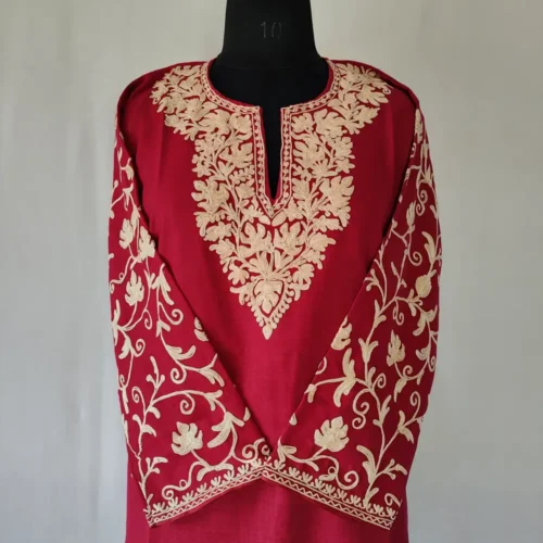 Hiba Koshur Maroon Cotton Kurti Fancy Aari Sleeves Embroidery