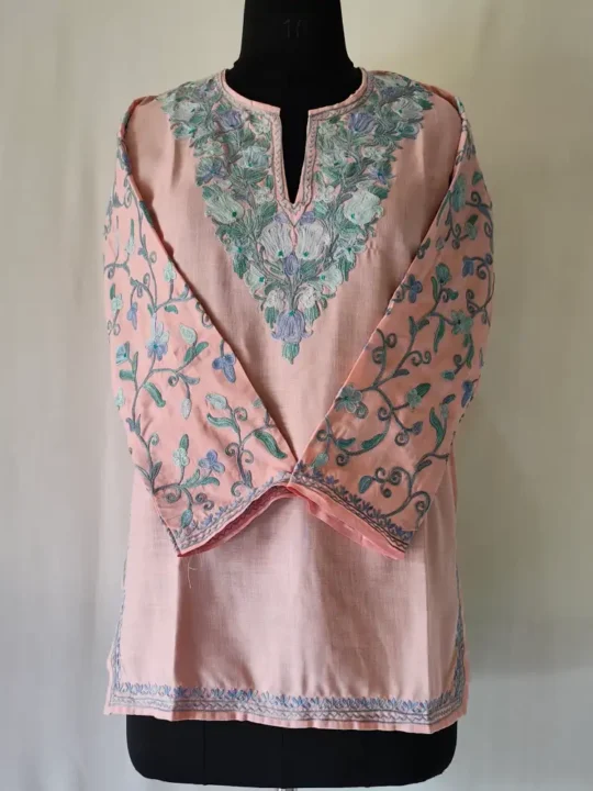 Husna Baby Pink Koshur Cotton Short Kurti with Sleeves Aari Work