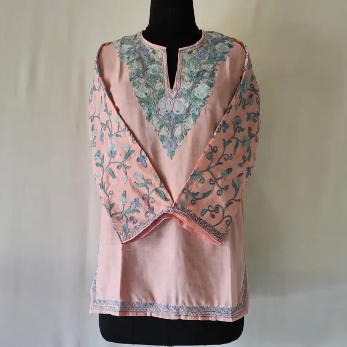 Husna's Baby Pink Koshur Cotton Short Kurti with Sleeves Aari Work