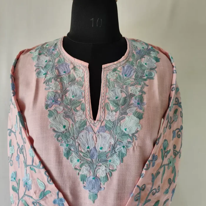 Husna's Baby Pink Koshur Cotton Short Kurti with Sleeves Aari Work - Image 2