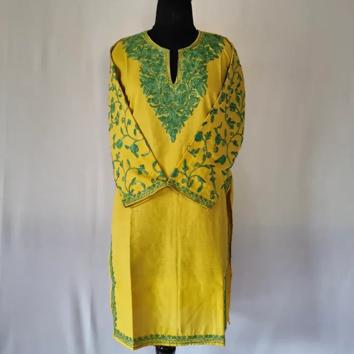 Kashmiri Cotton Saima's Mustard Kurti with Aari Embroidered Sleeves - Image 2