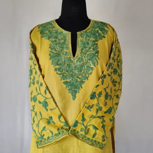Kashmiri Cotton Saima's Mustard Kurti with Aari Embroidered Sleeves