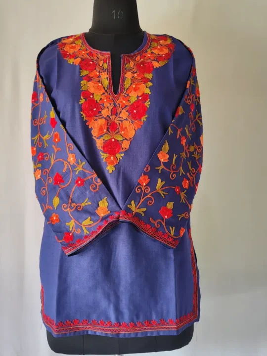 Dark Blue Kashmiri Cotton Short Kurti Sakina with Sleeve Aari Work