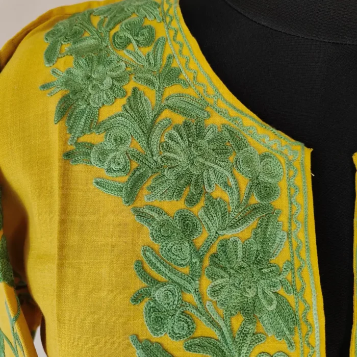 Kashmiri Cotton Saima's Mustard Kurti with Aari Embroidered Sleeves - Image 3