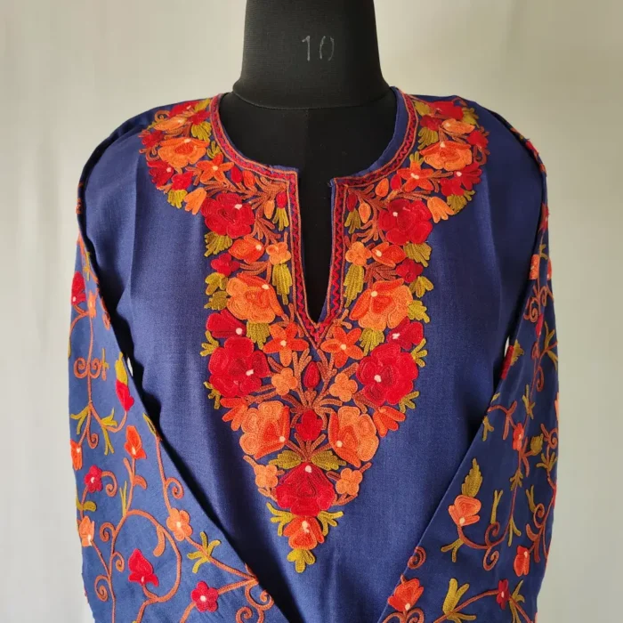Dark Blue Kashmiri Cotton Short Kurti Sakina with Sleeve Aari Work - Image 2