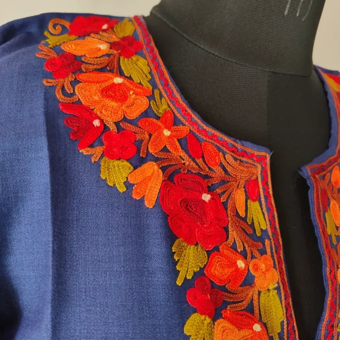 Dark Blue Kashmiri Cotton Short Kurti Sakina with Sleeve Aari Work - Image 3