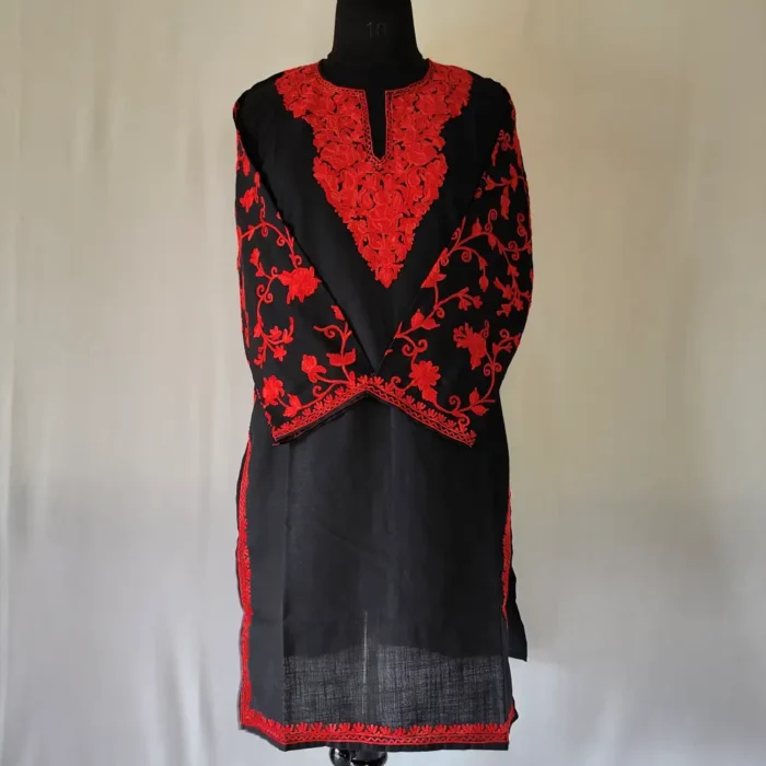 Black Koshur Cotton Kurti Designer Aari Work Nazneen Sleeves - Image 2