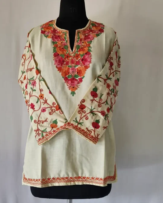 Sleeve Aari Embroidered Kashmiri Cotton Short Kurti Mehrunnisa