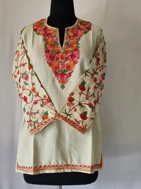 Sleeve Aari Embroidered Kashmiri Cotton Short Kurti Mehrunnisa