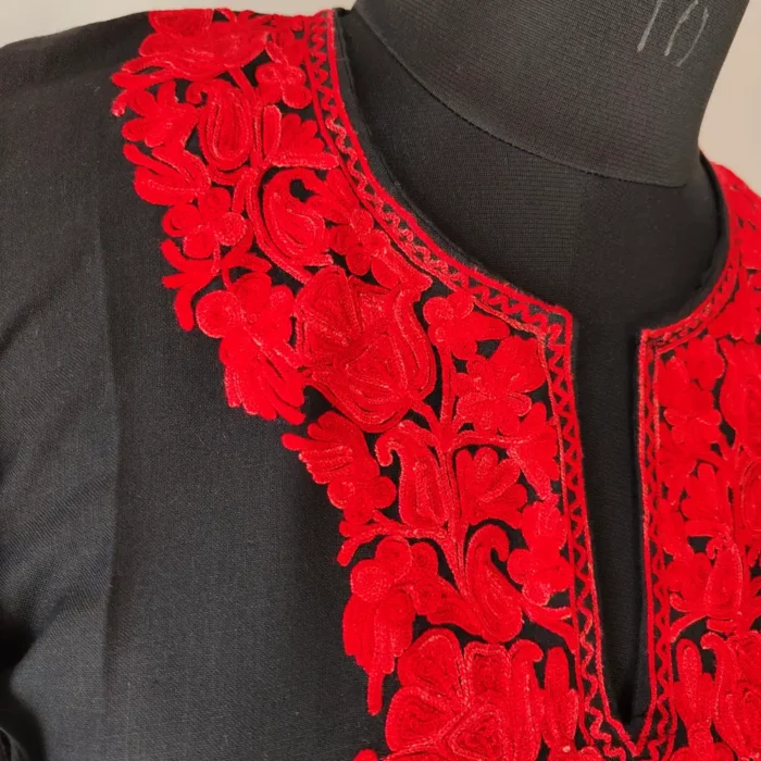 Black Koshur Cotton Kurti Designer Aari Work Nazneen Sleeves - Image 3